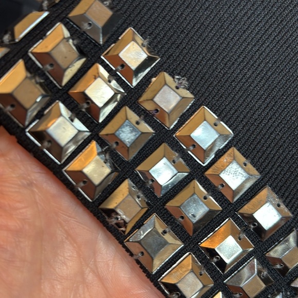 BCBG Max Azria Black Knit Bodycon Dress Sz M Gunmetal Rhinestones Goth Rock Punk - Picture 6 of 9